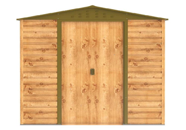 Gerätehaus aus Metall in Holzoptik mit Satteldach und Doppelflügeltür.