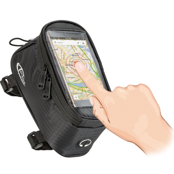 Fahrradrahmentasche mit Touchscreen-kompatibler Handytasche und Illustration einer Hand, die ein Smartphone bedient