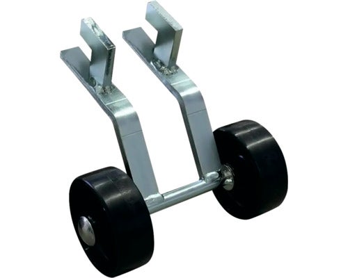 Transportrolle für Heizkörper aus Metall mit zwei schwarzen Rädern.