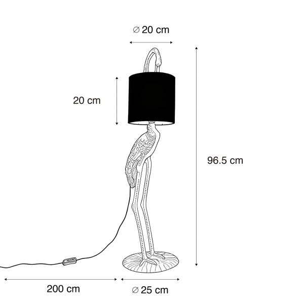 Technische Zeichnung einer Stehlampe in Form eines Kranichs mit den Massen 96,5 cm Höhe, Lampenschirmdurchmesser 20 cm, Kabellänge 200 cm und Fussdurchmesser 25 cm.