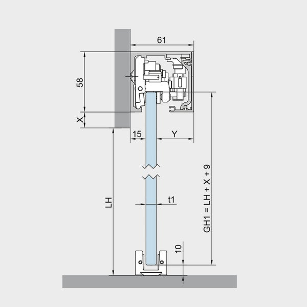 Technische Zeichnung eines Schiebetürsystems mit Maßangaben
