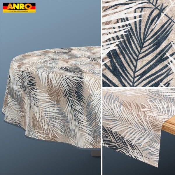 Rundtischdecke mit Palmblatt-Muster, ANRO Logo. Detailansicht der Gewebestruktur und Darstellung an der Tischkante.