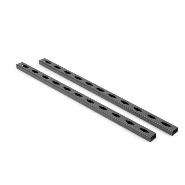 Zwei Wandschienen aus Metall für Regalsysteme, dunkelgrau, mit ovalen Lochungen für Träger.