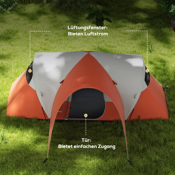 Outsunny Campingzelt, Wasserabweisend Familienzelt für 6 Personen, 550L x 300B x 198H cm, Polyester, PE, Orange