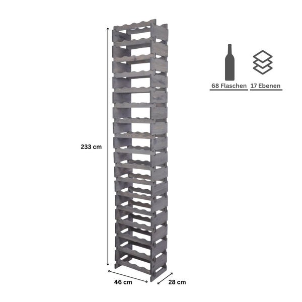 Weinregal VINOTECA FLEX PRO HxBxT 233x46x28cm 68 Flaschen auf 17 Ebenen Massives Kiefernholz Grau