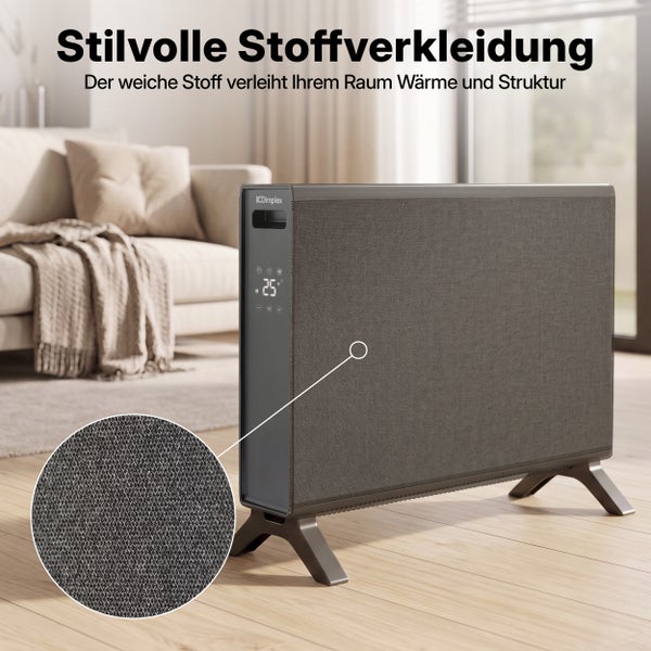 Dimplex Konvektor mit stoffbezogener Front und digitaler Anzeige in einem hellen Wohnzimmer.