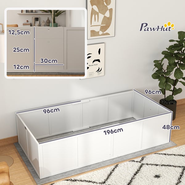 PawHut Wurfkiste für Welpen, Rutschfest Welpen-Wurfbox, Welpenlaufstall mit verstellbar Tür, Hundelaufstall, Welpenauslauf für kleine bis große Hunde, 196x96x48 cm, Weiß