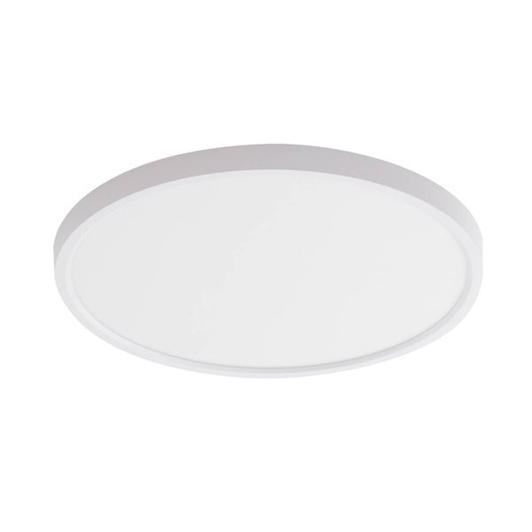 Flache, runde LED-Deckenleuchte mit weißem Rahmen und opaler Abdeckung.