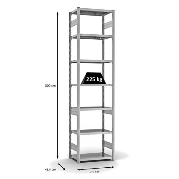 PROREGAL Fachbodenregal Stecksystem T-Profil Medium-Duty Grundregal HxBxT 300 x 75 x 40 cm 7 Ebenen Fachlast 225 kg Beidseitig Nutzbar Verzinkt