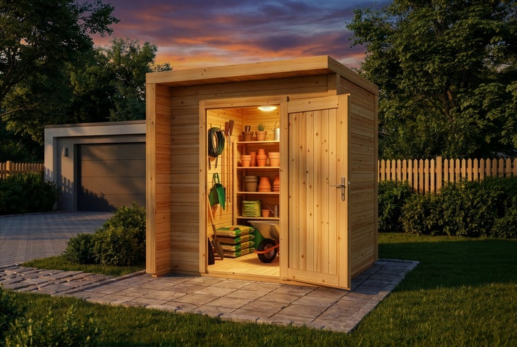 Holz-Gartenhaus mit offener Tür und organisiertem Innenraum mit Gartengeräten, Töpfen und Schubkarre in einem Garten.