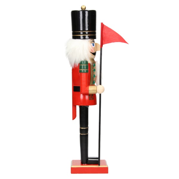 ECD Germany Nussknacker Figur Soldat 38cm mit schwarzer Hut, Fahne, aus Holz, Unikat, handbemalt, Weihnachten Holzfigur Puppet Marionette Ornament Traditioneller Nussbrecher Weihnachtsdeko Deko Statue