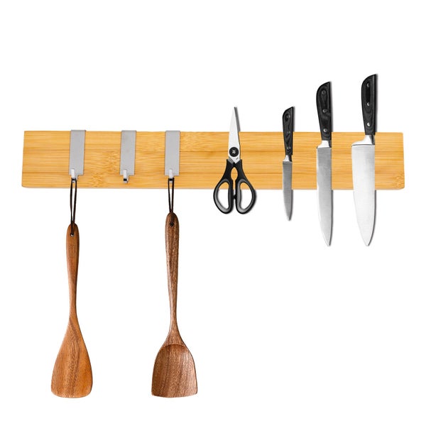 CHEFGASTRO Magnetleiste magnetische Messerleiste Messerhalter aus Bambus | HxBxT 6,2x40x2,1cm | Inkl. 3 silberne Haken | Bambus | extra stark magnetischer Messerstreifen zum Kleben oder Schrauben