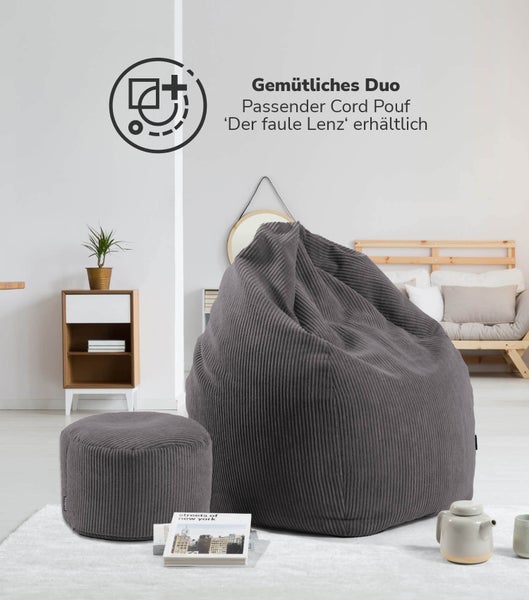 Grauer Sitzsack aus Cord mit den Maßen 130 cm Höhe und 80 cm Durchmesser