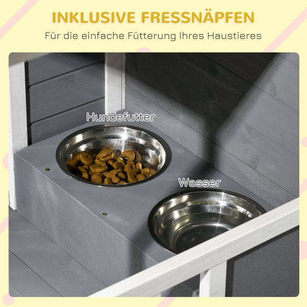 Detailaufnahme eines Hundefutterhauses mit zwei Edelstahlnäpfen, einer mit Hundefutter und einer mit Wasser gefüllt.
