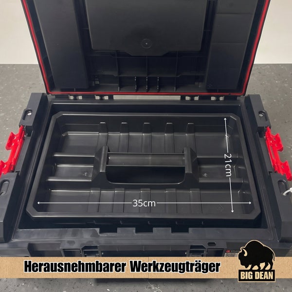 Geöffneter Werkzeugkoffer aus Kunststoff mit herausnehmbarem Werkzeugträger, Abmessungen 35 Zentimeter mal 21 Zentimeter, Big Dean Logo.