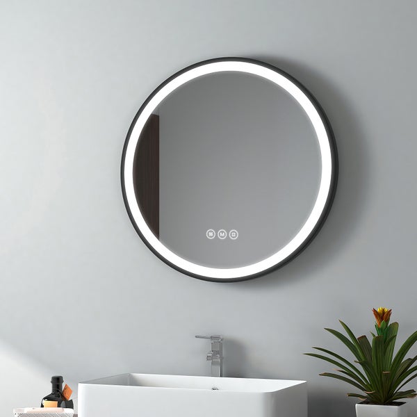 EMKE LED Badspiegel rund Ø60 cm, 3 Farbtemperaturen & Helligkeit einstellbar, Anti-Beschlag, Touch-Schalter, schwarzer Rahmen mit Deko-Aufhängung, IP44, zur Wandmontage, für das Badezimmer geeignet