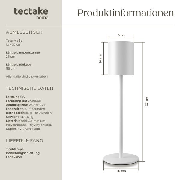tectake Corly Retro-Tischlampe Corly, LED, 7 Lichtfarben, dimmbar 10 x 37 cm weiß