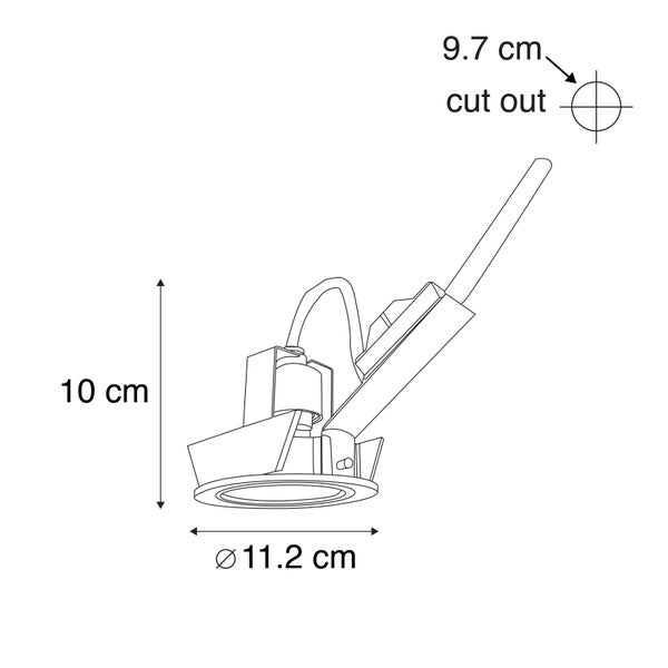 Technische Zeichnung eines Einbaustrahlers mit Maßen: Höhe 10 Zentimeter, Durchmesser 11,2 Zentimeter und Lochausschnitt 9,7 Zentimeter.