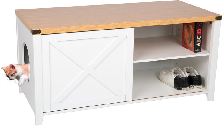 needs&wants® Katzenschrank groß für Katzentoilette XXL aus Holz mit Schuhschrank Sitzkommode, Katzenklo-Schrank Kommode, Design Katzenhaus Toilette Klo, weiß braun