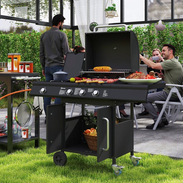 Outsunny Gasgrill 12,2 KW 3+1 Brenner BBQ Grillwagen aus Edelstahl inkl Rolle Seitenbrenner Thermometer Grillrost Kochfeld Seitentisch Gas-Grill für Balkon Camping 118,5 x 56 x 110 cm