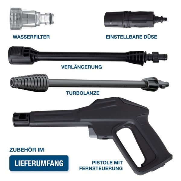 Zubehör für Hochdruckreiniger bestehend aus Wasserfilter, einstellbarer Düse, Verlängerung, Turbolanze und Pistole mit Fernsteuerung