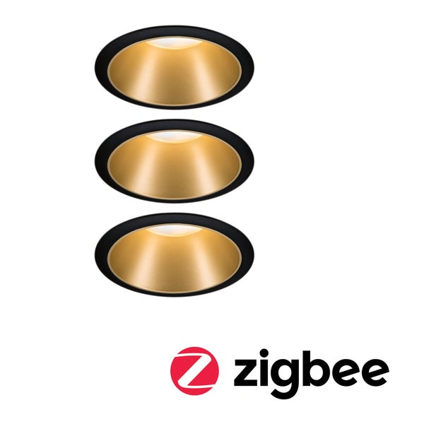 Smart Home Zigbee Set Smart Home Zigbee 3.0 Einbauleuchte Cole + Zigbee Coin IP44 rund 88mm 3x6W 3x470lm 230V dimmbar 2700K Schwarz/Gold matt