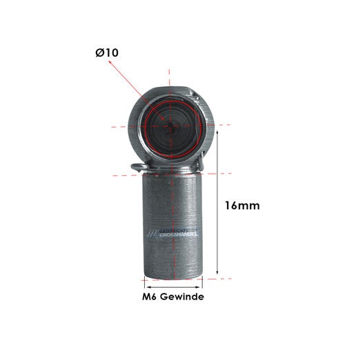 Winkelgelenk für Gasdruckfedern aus Metall mit M6 Gewinde, 16 Millimeter Länge und Durchmesser 10 Millimeter. Gasdruckfedern Grosshandel Logo.