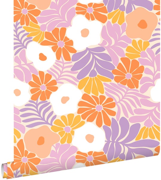 Tapete mit Retro-Blumenmuster und Blättern.
