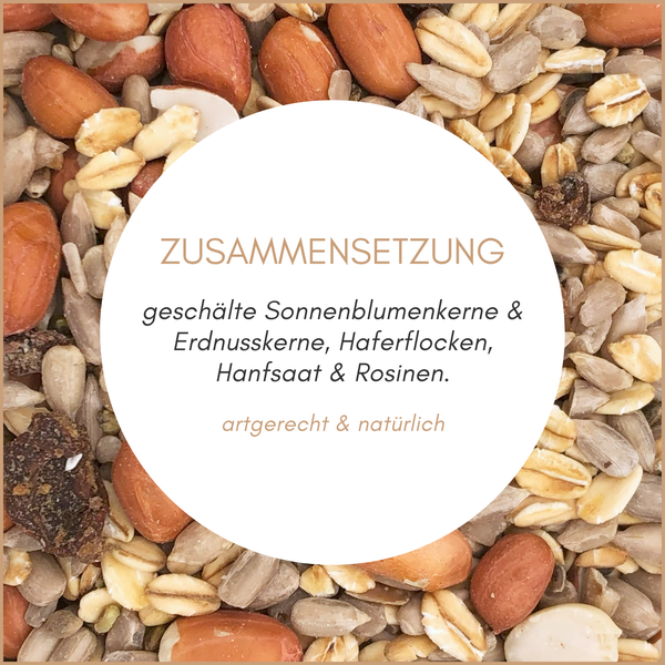 Zusammensetzung aus geschälten Sonnenblumenkernen, Erdnusskernen, Haferflocken, Hanfsaat und Rosinen.