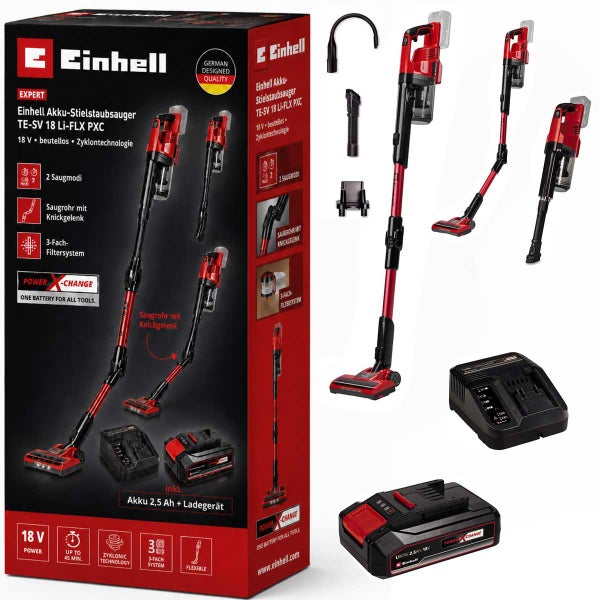 Einhell Akku-Stielstaubsauger TE-SV 18 Li-FLX PXC Set mit flexiblem Saugrohr, inklusive 2,5 Amperestunden Akku, Ladegerät und Zubehör.
