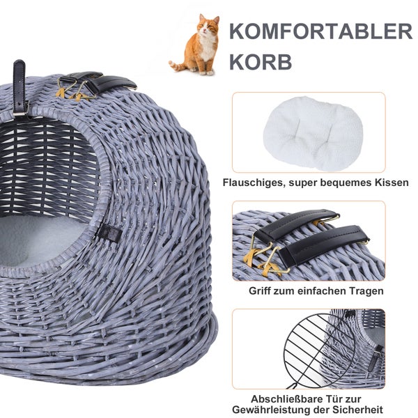 PawHut Transportkorb Transportbox für Katzen Hunde, Korbhöhle mit Gitter,Katzenhaus aus Weide, Katzenkorb, Weidekorb, Grau, 47 x 35 x 35 cm