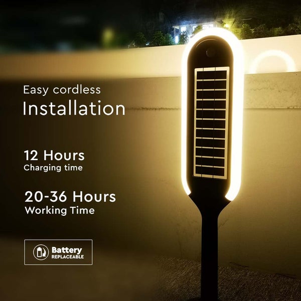 Solarleuchte mit einfacher, kabelloser Installation, 12 Stunden Ladezeit und 20 bis 36 Stunden Betriebszeit.