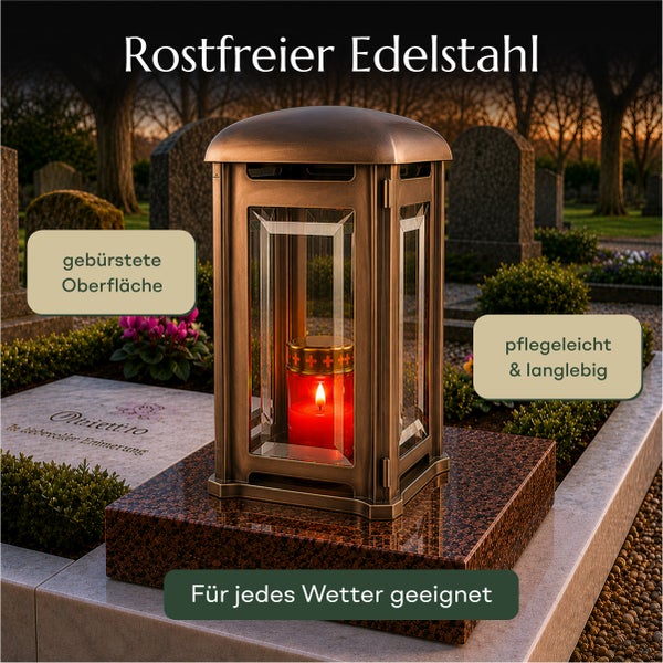 Grablampe aus rostfreiem Edelstahl mit gebürsteter Oberfläche für alle Wetterbedingungen geeignet auf einem Grabstein
