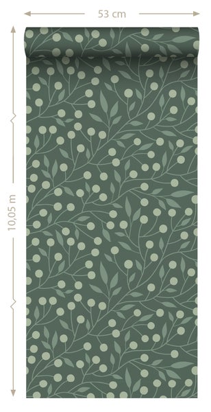 Tapetenrolle mit Blätter- und Beerenmuster, 53 cm breit, 10,05 m lang