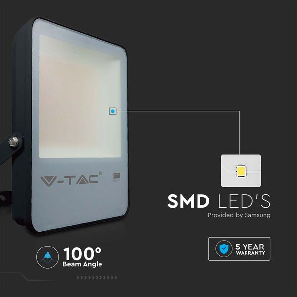V-TAC Logo. LED-Strahler mit 100 Grad Abstrahlwinkel und fünf Jahren Garantie.