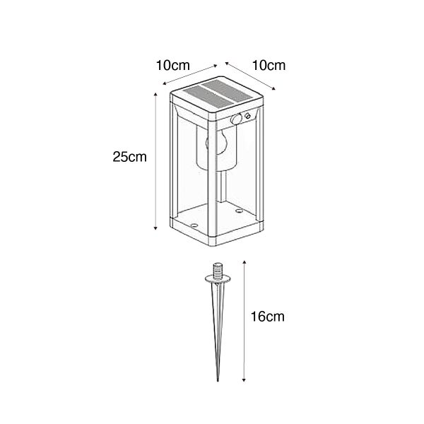 Skizze einer Solar-Laterne mit Erdspieß und Maßangaben. Höhe 25 Zentimeter, Breite 10 Zentimeter, Tiefe 10 Zentimeter. Erdspieß 16 Zentimeter.