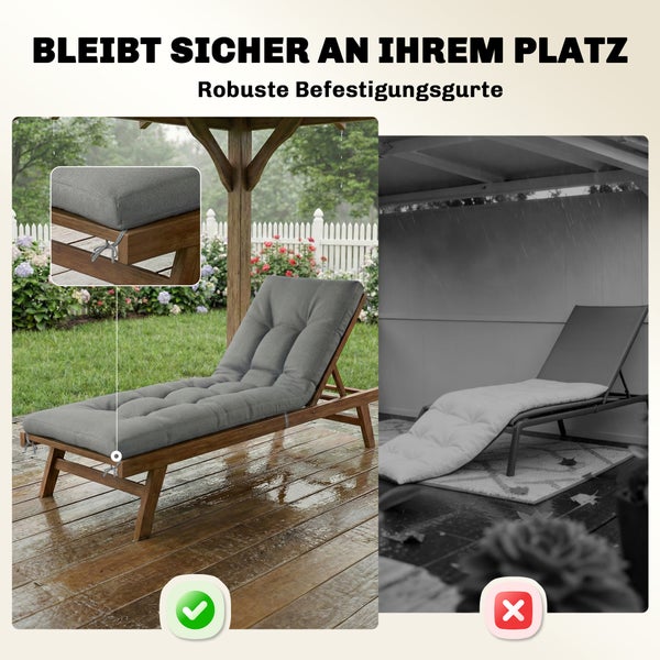 Gartenliegenauflage mit robusten Befestigungsgurten für einen sicheren Halt auf der Sonnenliege im Vergleich zu einer verrutschten Auflage.