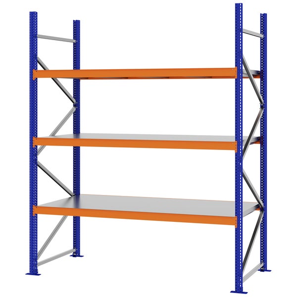 Schwerlastregal aus Metall mit drei Ebenen, blauen Stehern und orangefarbenen Traversen.