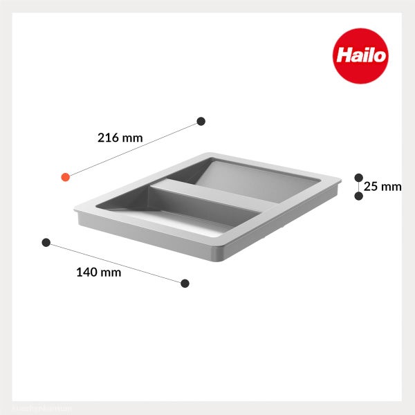 Hailo Organisationstablett mit zwei Fächern, Maße 216 Millimeter mal 140 Millimeter mal 25 Millimeter, Hailo Logo.