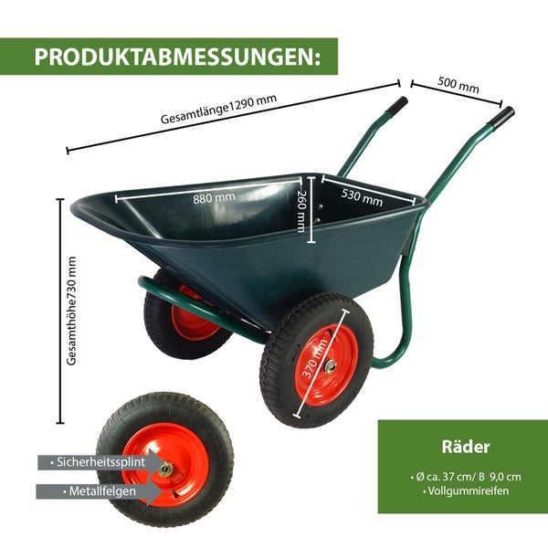 Abmessungen einer Schubkarre mit den Massangaben: Gesamtlänge 1290 Millimeter, Gesamtbreite 880 Millimeter, Gesamthöhe 730 Millimeter, Tiefe 260 Millimeter, Länge 530 Millimeter, Grifflänge 500 Millimeter. Raddurchmesser circa 37 Zentimeter, Radbreite 9 Zentimeter, Vollgummireifen, Metallfelgen, Sicherheits Splint.