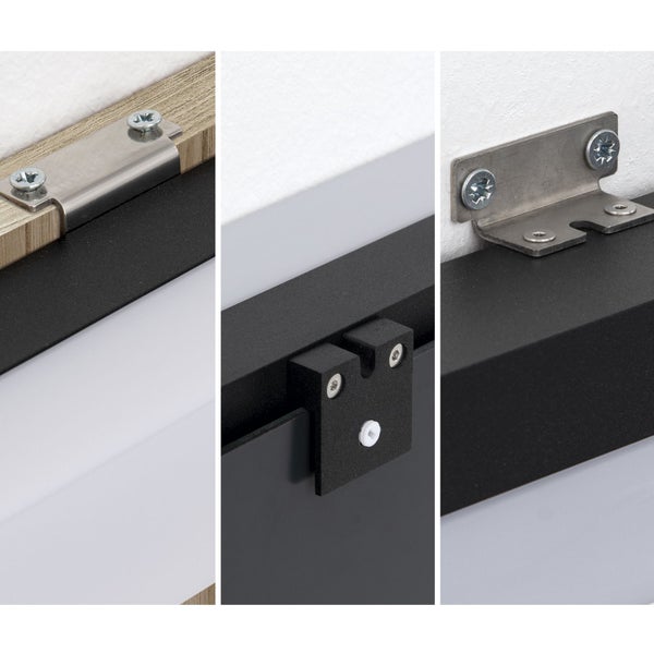 Drei verschiedene Wandhalterungen und Befestigungssysteme für Möbelplatten oder Wandpaneele im Detail.