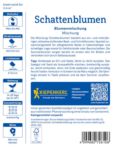 Kiepenkerl Samenmischung Schattenblumen für halbschattige und schattige Standorte mit Anbauhinweisen und FSC Siegel