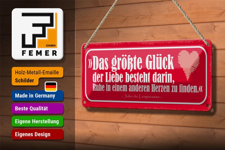 Blechschild Spruch 27x10cm das größte Glück der Liebe Herz Dekoration