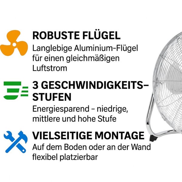 Infografik zu einem Ventilator mit robusten Aluminium-Flügeln, drei Geschwindigkeitsstufen und flexibler Montage an Boden oder Wand.