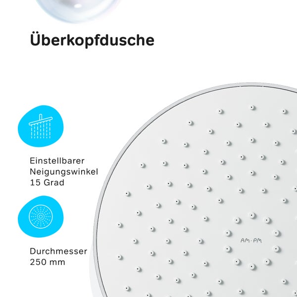 Duschkopf mit einem Durchmesser von 250 mm und einem einstellbaren Neigungswinkel von 15 Grad