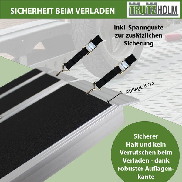 Auffahrrampe aus Aluminium mit schwarzer Antirutschbeschichtung, acht Zentimeter breiter Auflagekante und zwei Spanngurten. Trutzholm Logo.