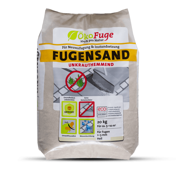 ÖkoFuge Fugensand unkrauthemmend, 20 Kilogramm Sack, für Fugenbreiten von 1 bis 5 Millimeter, hell, wasserdurchlässig.