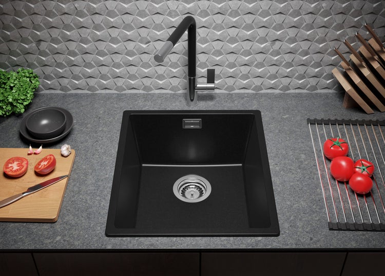 PRIMAGRAN Granitspüle Alles Schwarz 41x47cm, Spülbecken 1 Becken + Küchenarmatur 40x20cm + Ablauf-Set, Küchenspüle ab 45er Unterschrank - London Slim