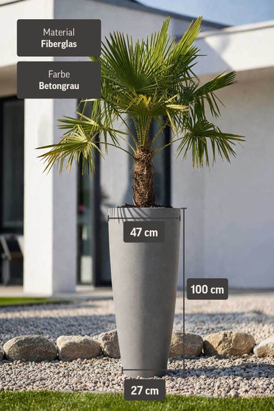 Hoher Pflanzkübel aus Fiberglas in Betongrau, Höhe 100 Zentimeter, Durchmesser oben 47 Zentimeter, Durchmesser unten 27 Zentimeter.