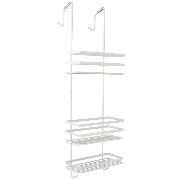 Dreistöckiges Duschregal zum Aufhängen mit zwei Haken oben für die Türmontage und zwei Haken unten für Zubehör.